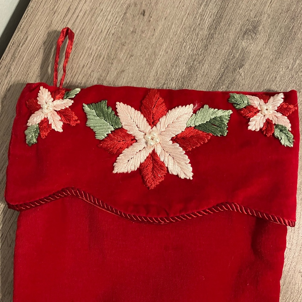 Martha Stewart red Christmas stocking with embroidered flower design